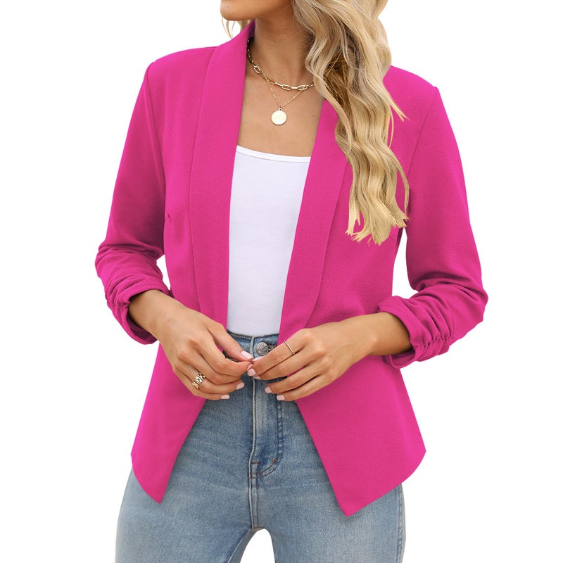 POGTMM Business Women Clothing Collarless Blazers for Women 3/4 Sleeve (Rose Red, M) - Image 2
